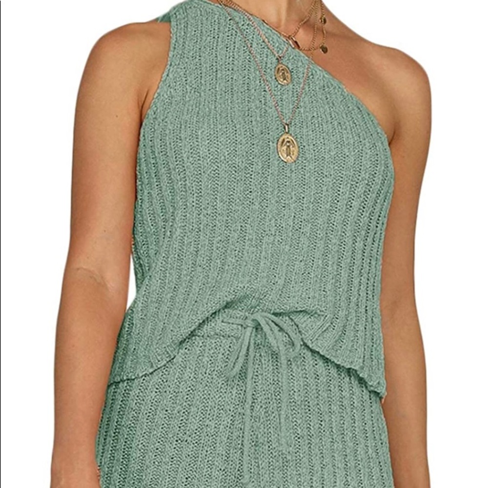 SAGE GREEN TWO PIECE ONE SHOULDERCROCHET SET